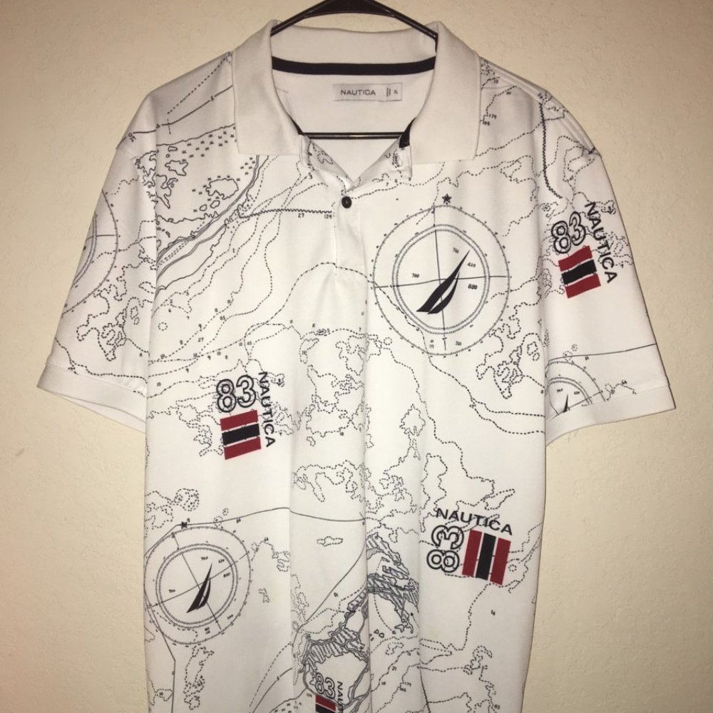 Nautica 83 All Over Print White XL Polo Shirt